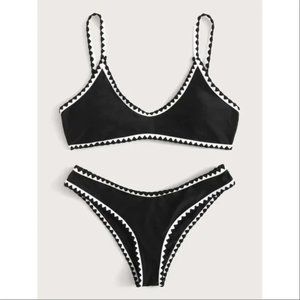 Black & White Contrast Binding Tie Back High Cut Bikini Swimsuit Bathing